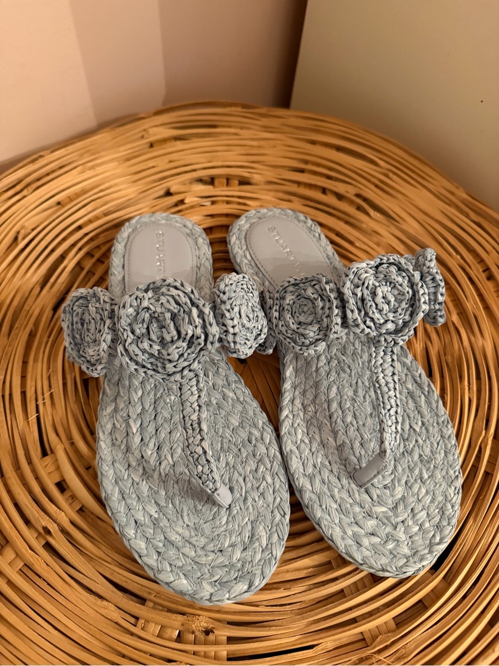 Stuart Weitzman Women’s Braided Flower Thong Sandals — Light Blue